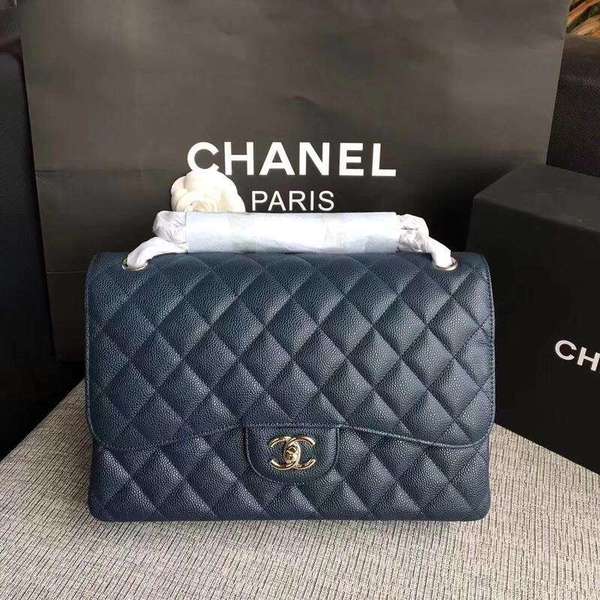 Chanel Flap Shoulder Bags Dark Blue Original Calfskin Leather CF1113 Silver