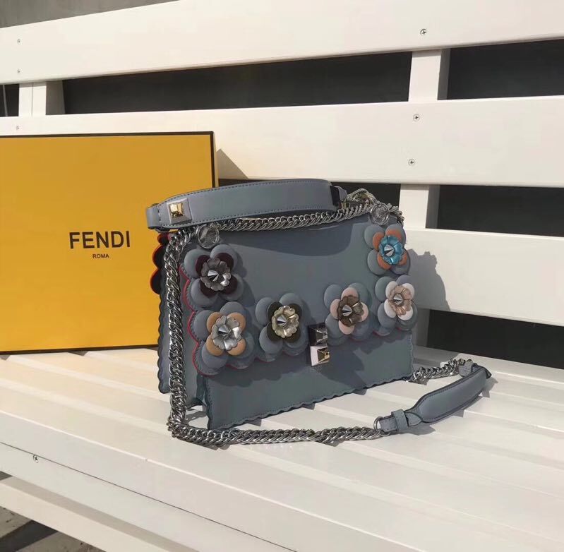 FENDI Flowers Shoulder Bag Calfskin Leather FD3680 Blue