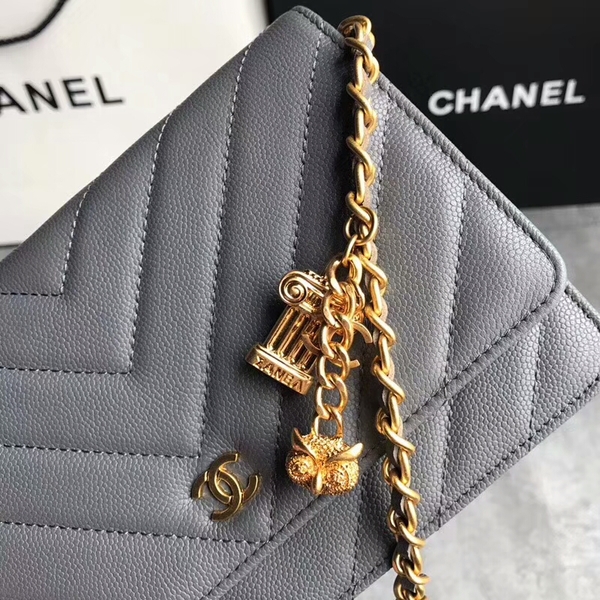 Chanel Owl Pendant Flap Shoulder Bag Calfskin Leather A33814 Grey