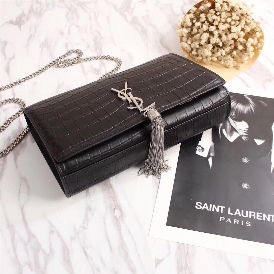 Yves Saint Laurent Croco Leather Cross-body Shoulder Bag 131224 Black