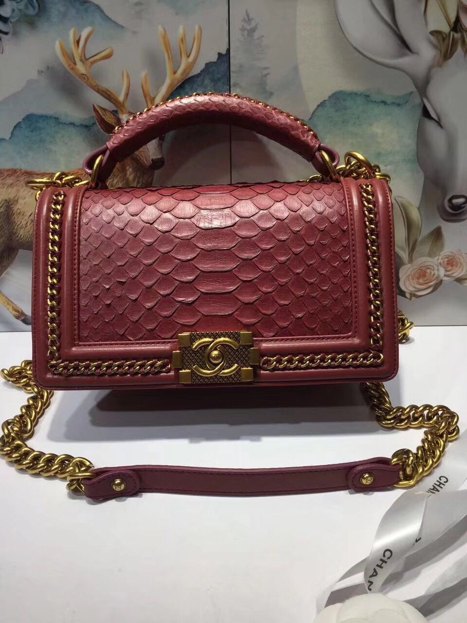 Boy Chanel Flap Shoulder Bag original Snake leather 67086 red