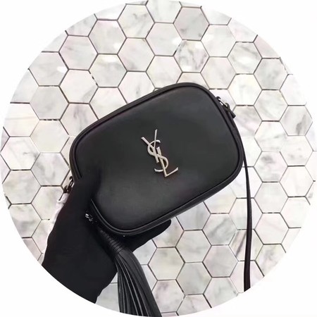 Yves Saint Laurent Calfskin Leather Shoulder Bag 5804 Black&Silver