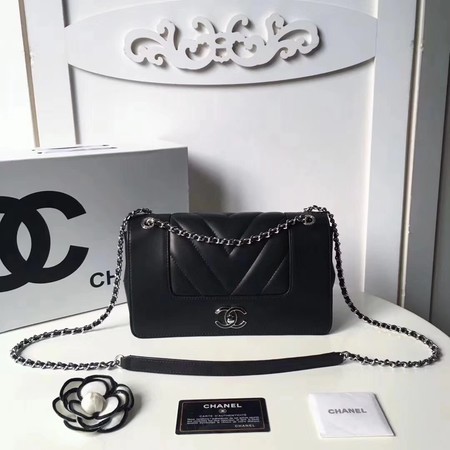 Chanel V Veins Calfskin Leather Flap Shoulder Bag 5692 Black