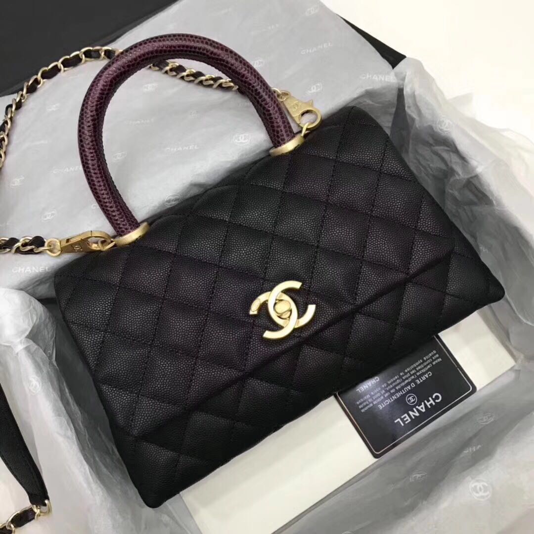 Chanel Classic Top Handle Bag black Cannage Pattern A92290 Gold