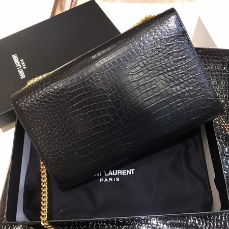 Yves Saint Laurent Crocodile Leather Shoulder Bag 1456 Black&Gold