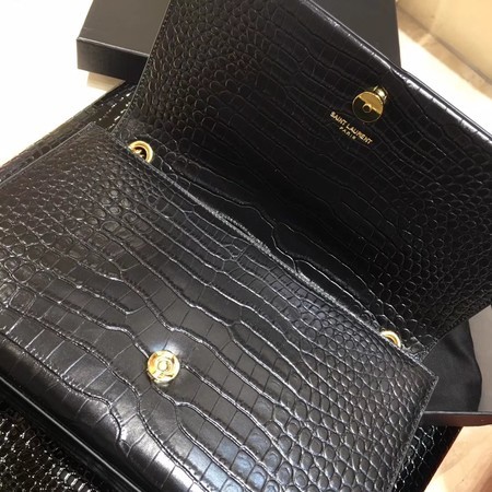 Yves Saint Laurent Crocodile Leather Shoulder Bag 1456 Black&Gold