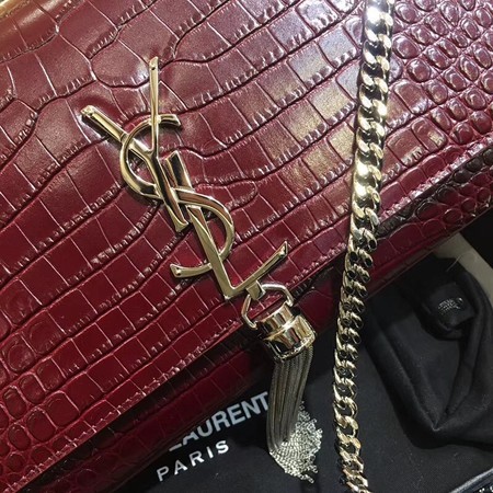 Yves Saint Laurent Crocodile Leather Shoulder Bag 1456 Wine&Silver