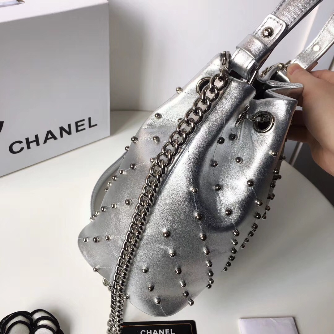 Chanel origianl Calf leather drawstring bag 3377 silver