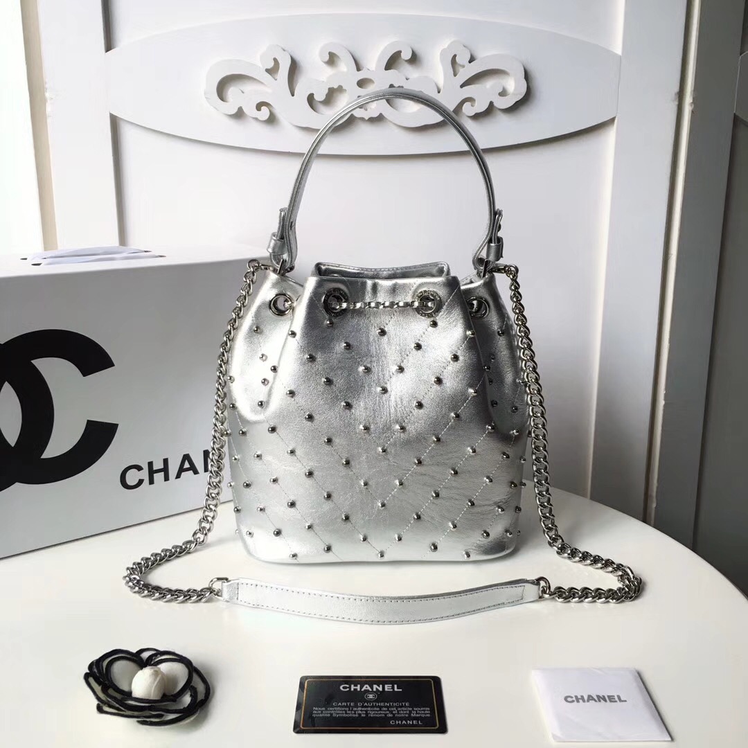 Chanel origianl Calf leather drawstring bag 3377 silver