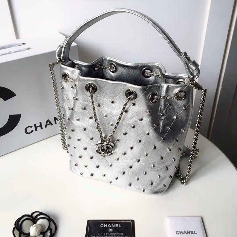 Chanel origianl Calf leather drawstring bag 3377 silver