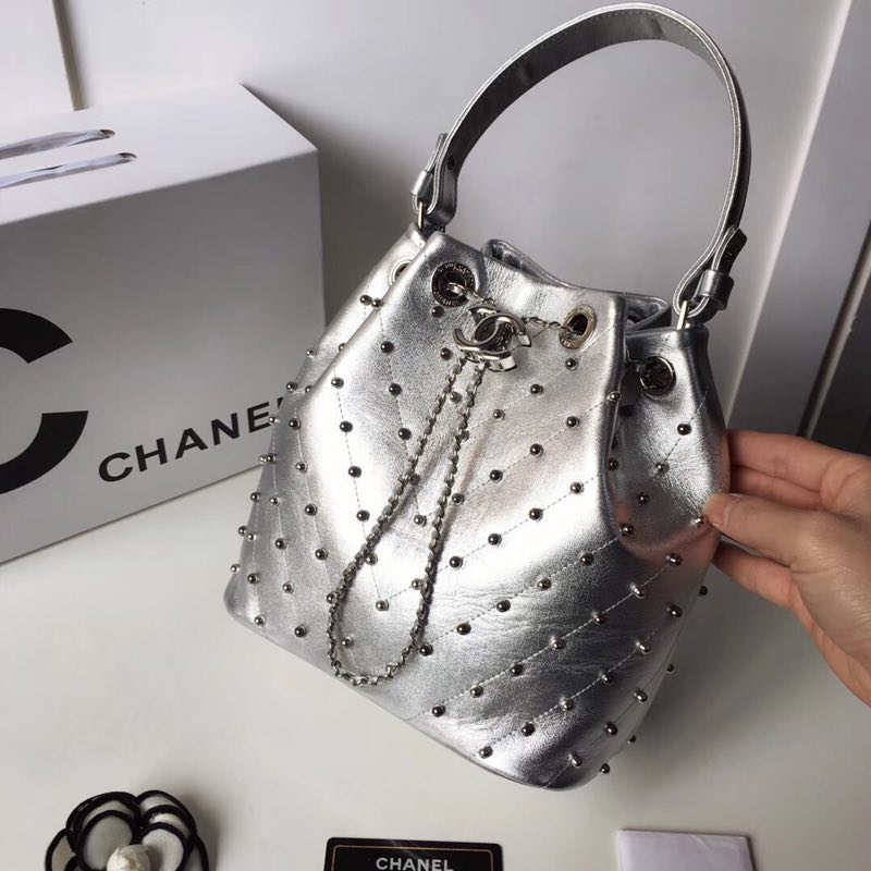 Chanel origianl Calf leather drawstring bag 3377 silver