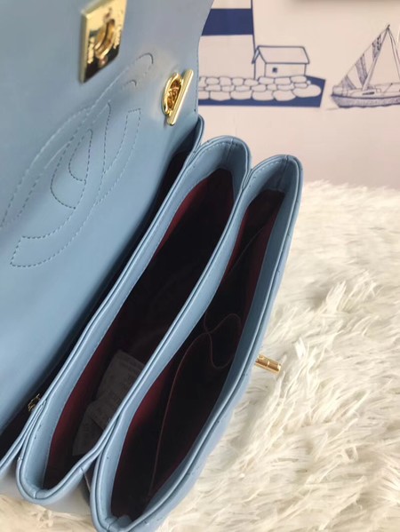Chanel Original Sheepskin Leather Tote Bag A92236 light blue Gold Buckle