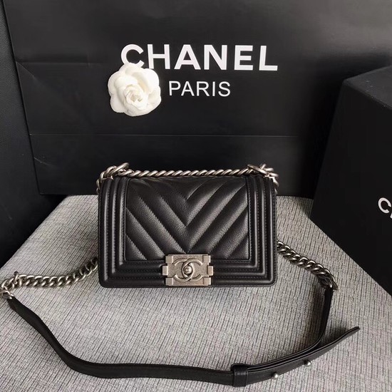 Chanel Le Boy Flap Shoulder Bag Original Calf leather A67085 black silver Buckle