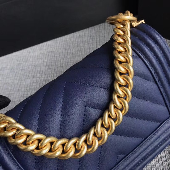 Chanel Le Boy Flap Shoulder Bag Original Calf leather A67085 dark blue Gold Buckle