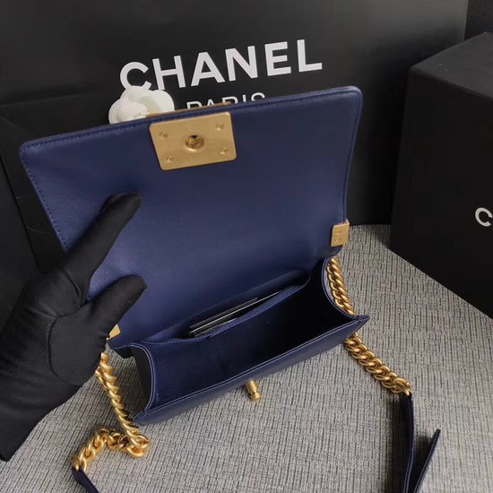 Chanel Le Boy Flap Shoulder Bag Original Calf leather A67085 dark blue Gold Buckle