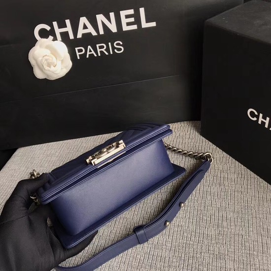 Chanel Le Boy Flap Shoulder Bag Original Calf leather A67085 dark blue silver Buckle