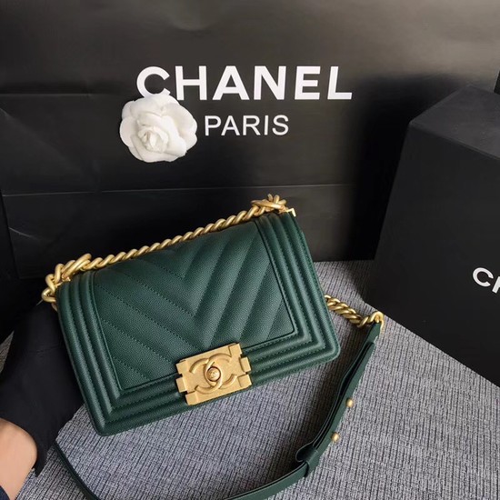 Chanel Le Boy Flap Shoulder Bag Original Caviar Leather P67085 Blackish green Gold Buckle