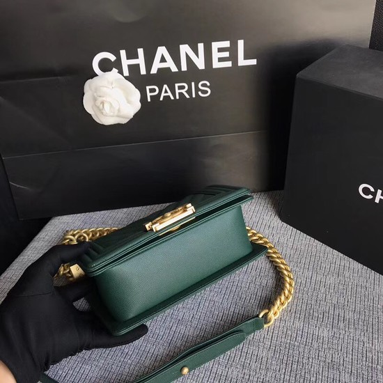 Chanel Le Boy Flap Shoulder Bag Original Caviar Leather P67085 Blackish green Gold Buckle