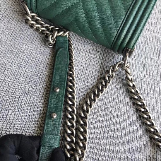 Chanel Le Boy Flap Shoulder Bag Original Caviar Leather P67085 Blackish green silver Buckle