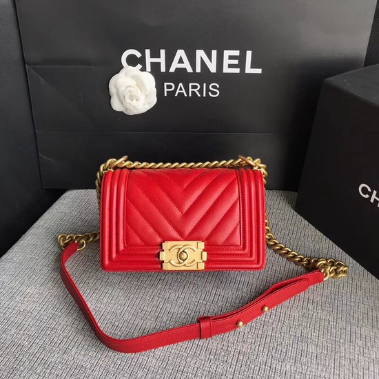 Chanel Le Boy Flap Shoulder Bag Original Caviar Leather P67085 Cherry Gold Buckle