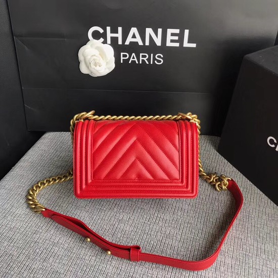 Chanel Le Boy Flap Shoulder Bag Original Caviar Leather P67085 Cherry Gold Buckle