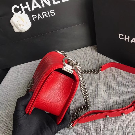 Chanel Le Boy Flap Shoulder Bag Original Caviar Leather P67085 Cherry silver Buckle