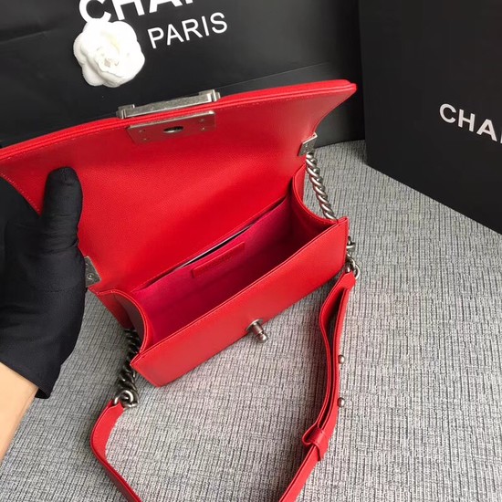 Chanel Le Boy Flap Shoulder Bag Original Caviar Leather P67085 Cherry silver Buckle