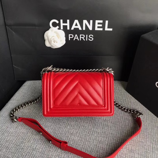 Chanel Le Boy Flap Shoulder Bag Original Caviar Leather P67085 Cherry silver Buckle