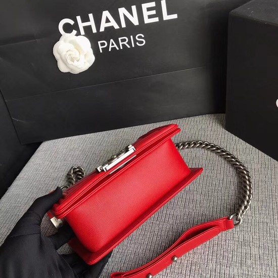 Chanel Le Boy Flap Shoulder Bag Original Caviar Leather P67085 Cherry silver Buckle