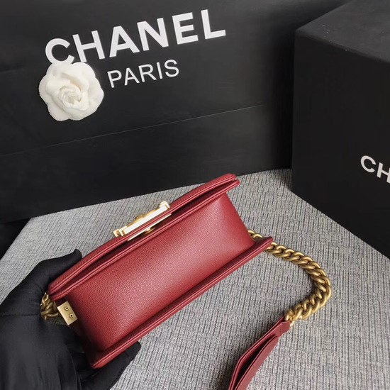 Chanel Le Boy Flap Shoulder Bag Original Caviar Leather P67085 Deep red Gold Buckle