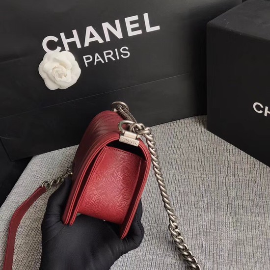 Chanel Le Boy Flap Shoulder Bag Original Caviar Leather P67085 Deep red silver Buckle