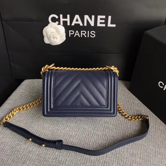 Chanel Le Boy Flap Shoulder Bag Original Caviar Leather P67085 dark blue Gold Buckle