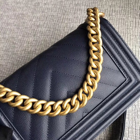 Chanel Le Boy Flap Shoulder Bag Original Caviar Leather P67085 dark blue Gold Buckle