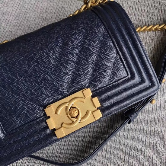 Chanel Le Boy Flap Shoulder Bag Original Caviar Leather P67085 dark blue Gold Buckle