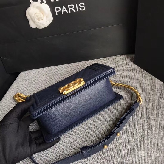 Chanel Le Boy Flap Shoulder Bag Original Caviar Leather P67085 dark blue Gold Buckle