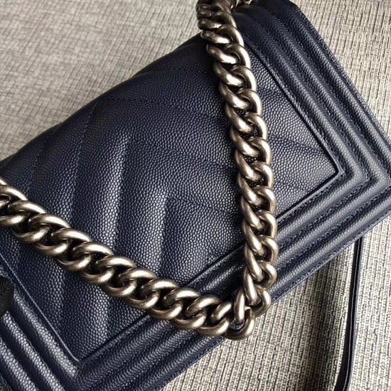 Chanel Le Boy Flap Shoulder Bag Original Caviar Leather P67085 dark blue silver Buckle