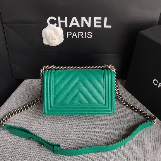 Chanel Le Boy Flap Shoulder Bag Original Caviar Leather P67085 green silver Buckle