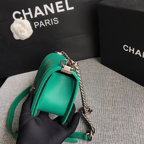 Chanel Le Boy Flap Shoulder Bag Original Caviar Leather P67085 green silver Buckle