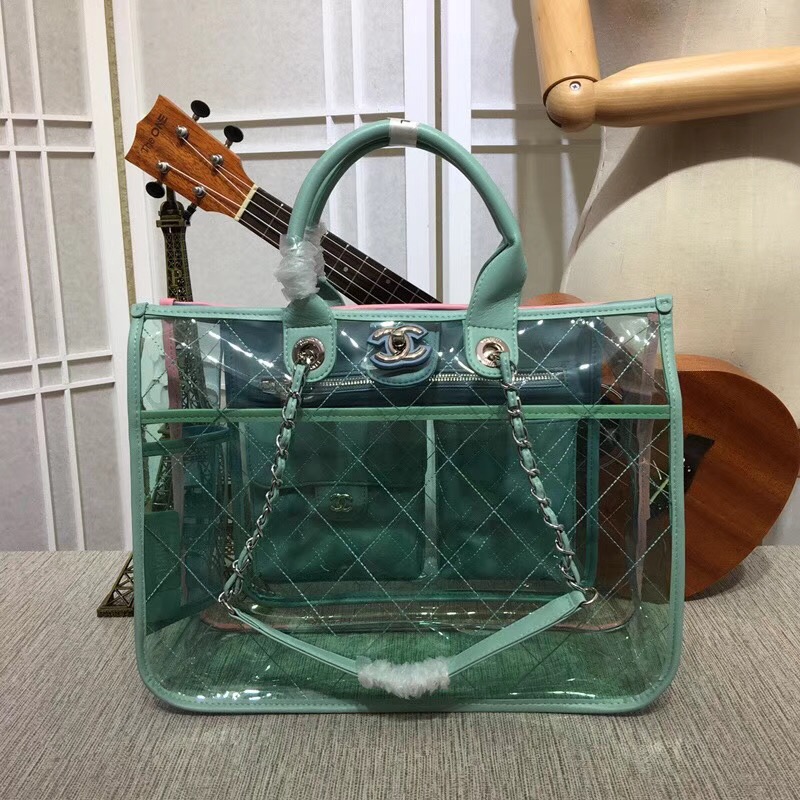Chanel transparent Calf leather Tote Shopping Bag 8048 green