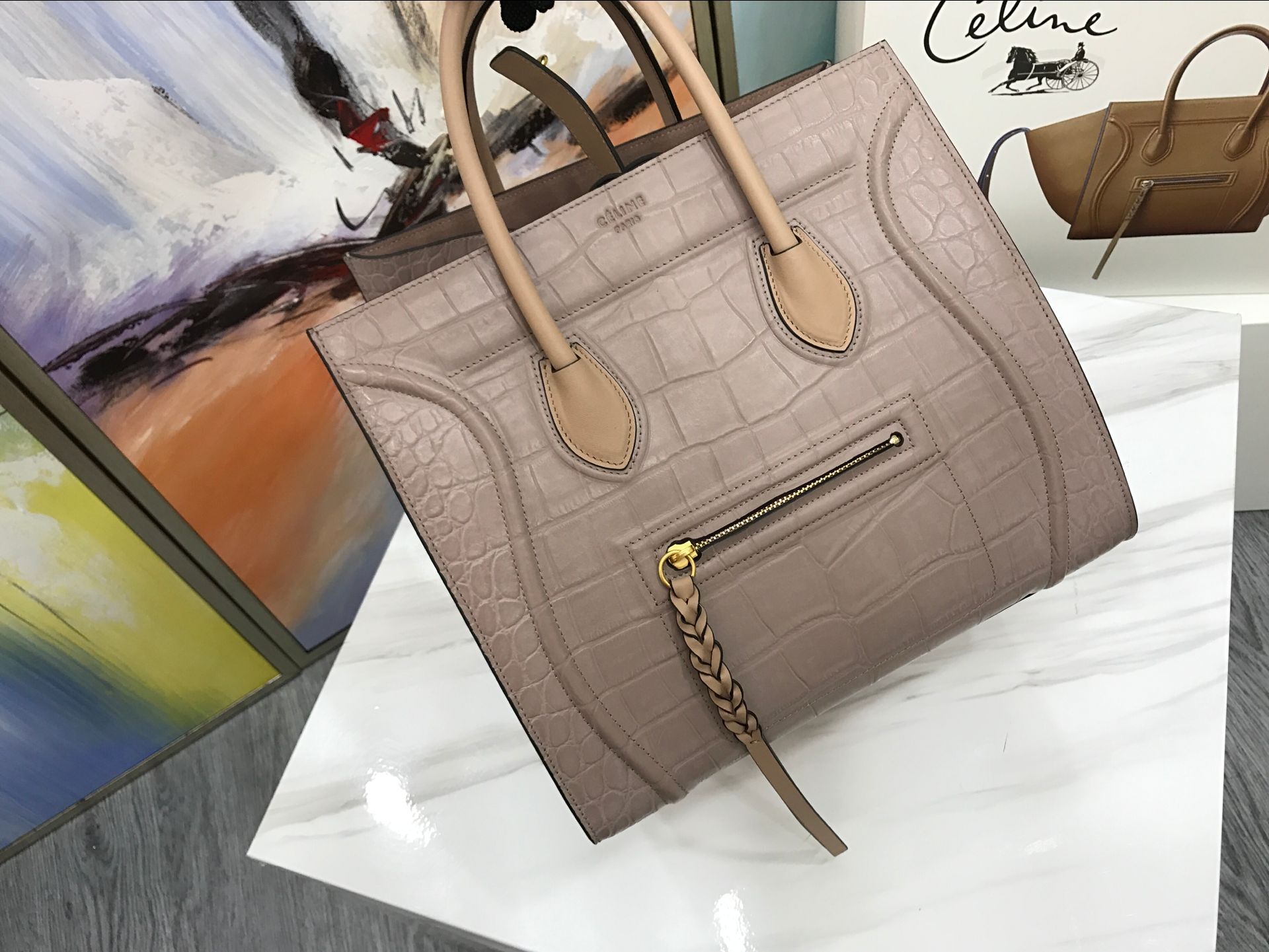 Celine Luggage Phantom Tote Bag Croco Leather CT3372 Light apricot