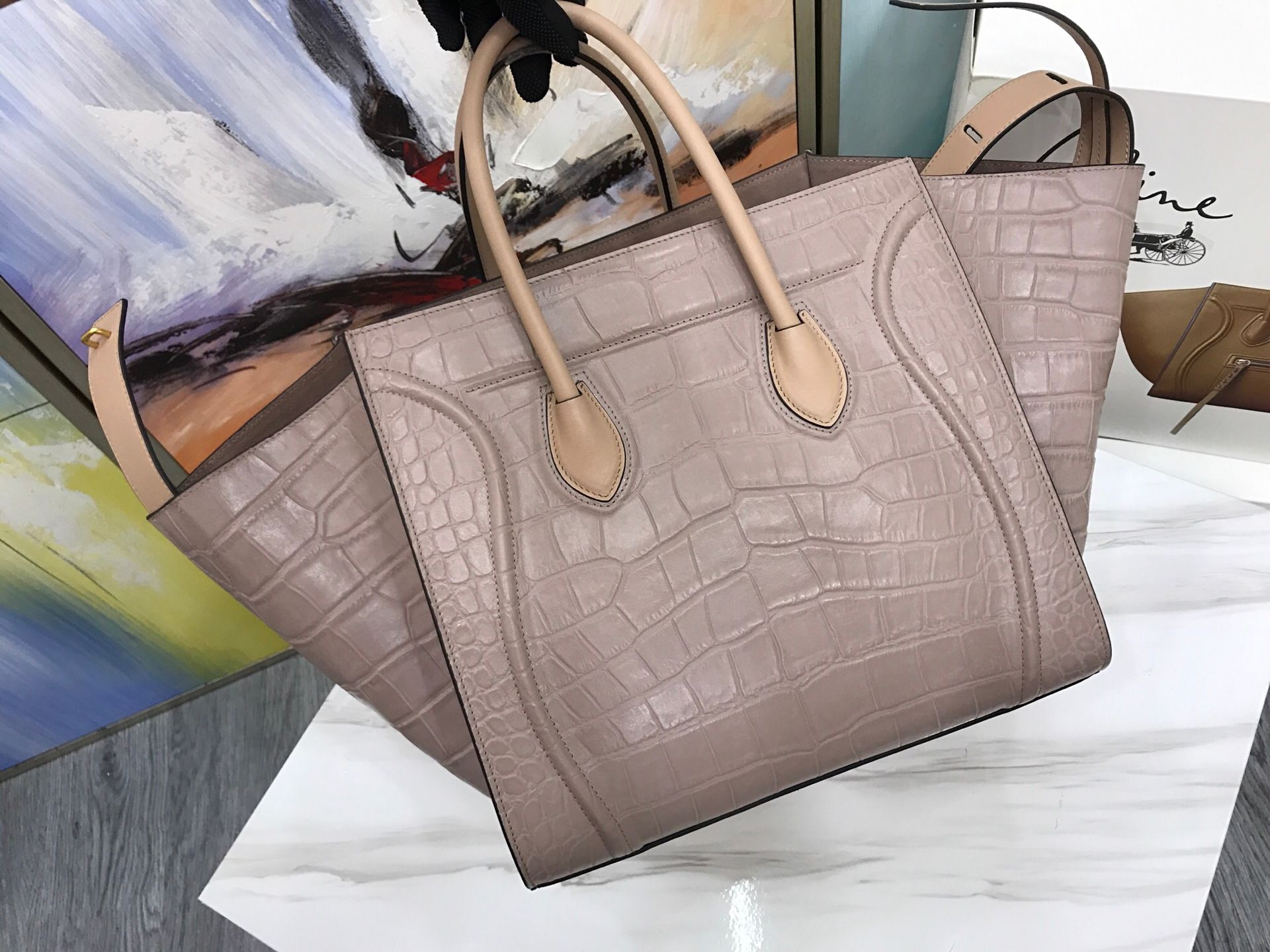 Celine Luggage Phantom Tote Bag Croco Leather CT3372 Light apricot