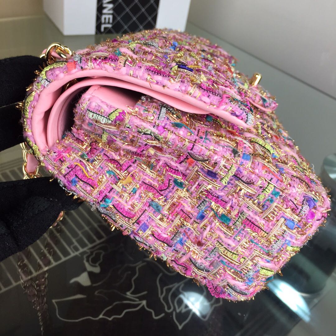 Chanel 2018 Spring Summer Flap Shoulder Bag pink Canvas Leather 1112A Gold