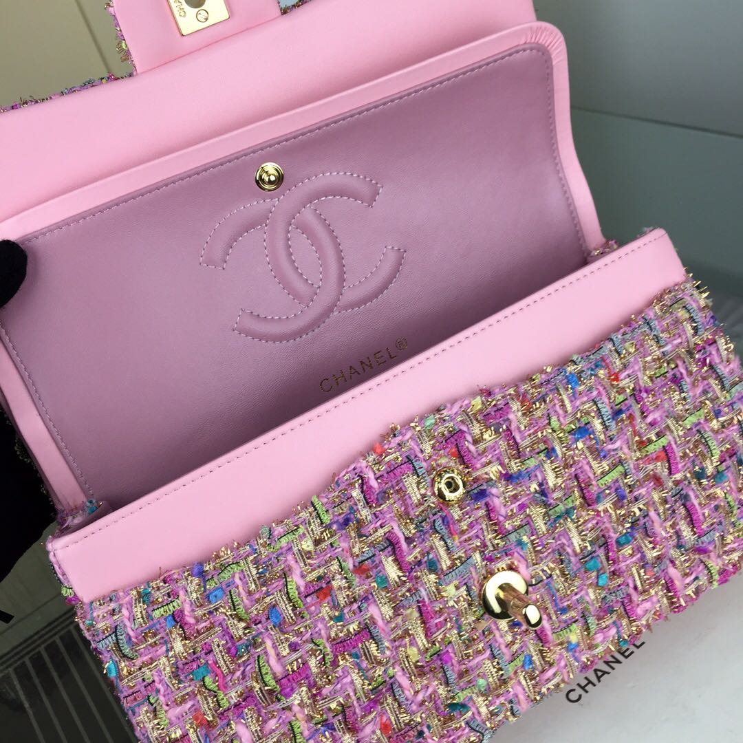 Chanel 2018 Spring Summer Flap Shoulder Bag pink Canvas Leather 1112A Gold