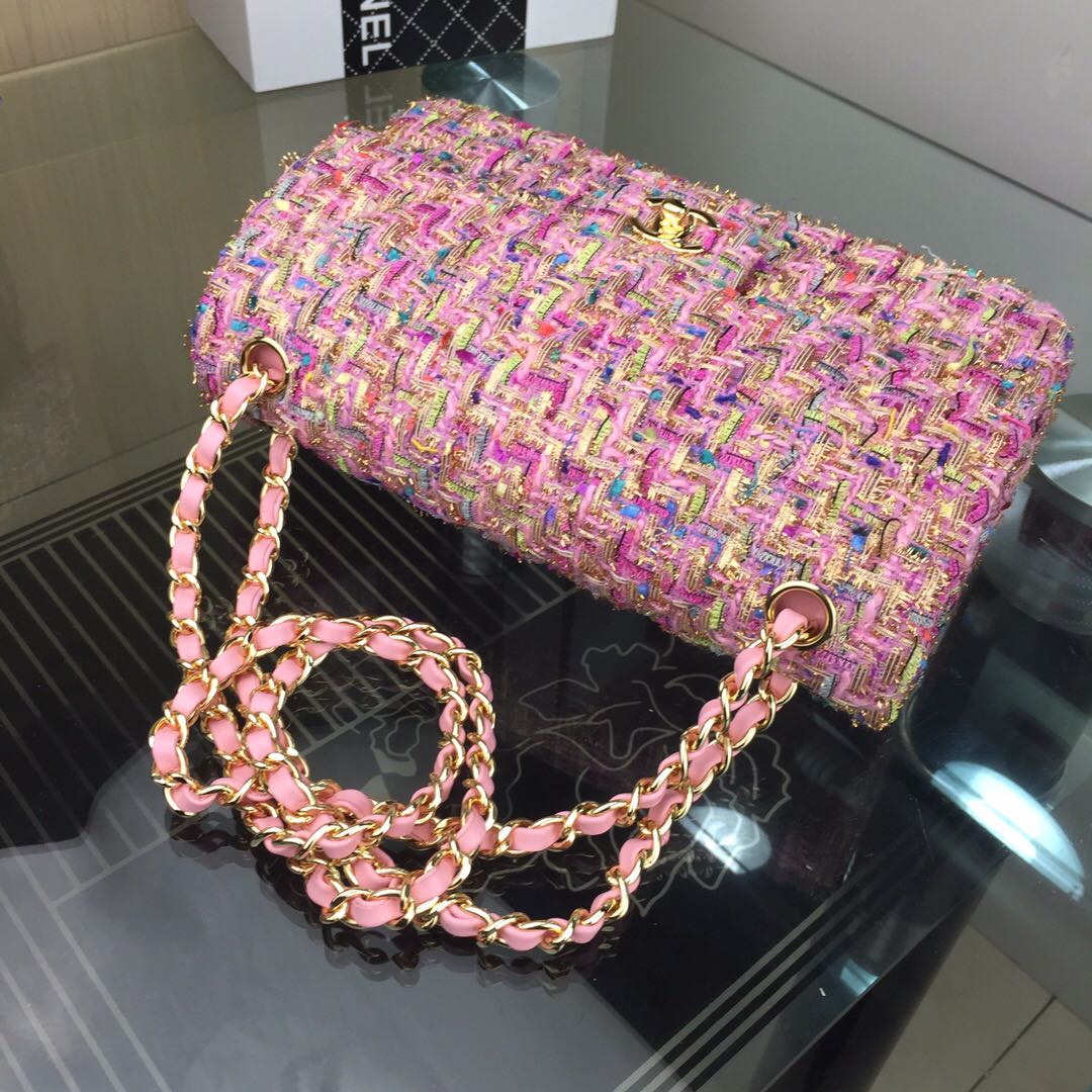 Chanel 2018 Spring Summer Flap Shoulder Bag pink Canvas Leather 1112A Gold