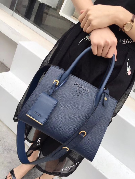 Prada Bibliotheque Handbag in Calf Leather 1BA156 dark blue