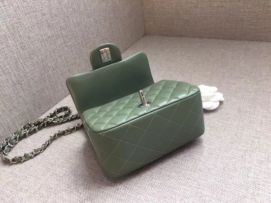 Chanel Classic MINI Flap Bag original Sheepskin Leather A1115 green silver chain