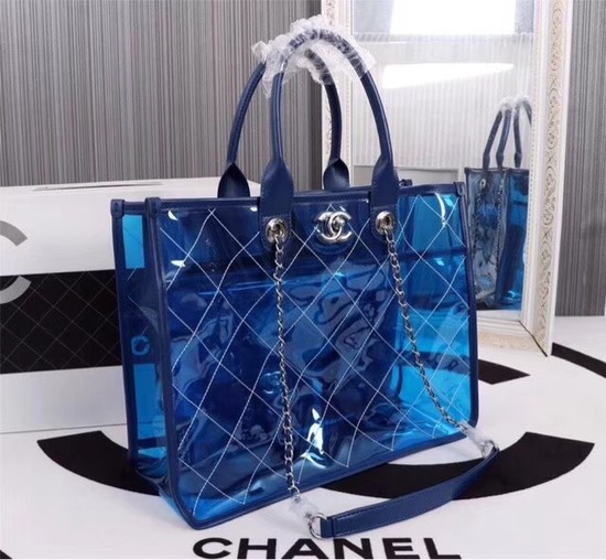 Chanel transparent Calf leather Tote Shopping Bag 8048 blue