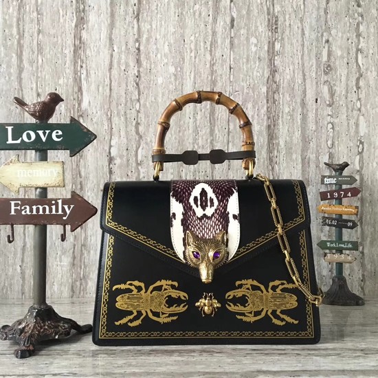 Gucci Fox lobster Bamboo Top Handle Bag 466434 Black