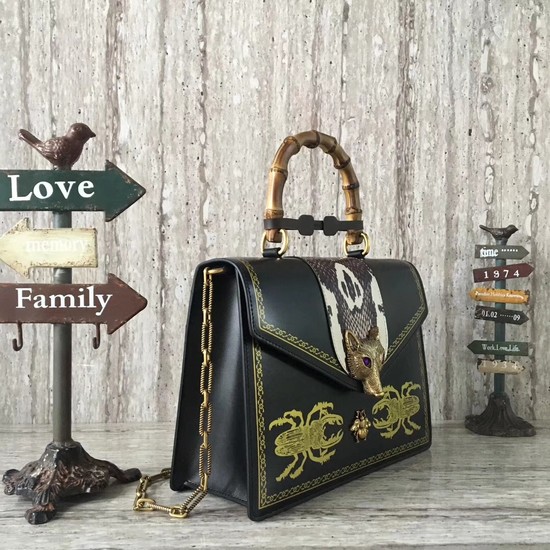 Gucci Fox lobster Bamboo Top Handle Bag 466434 Black