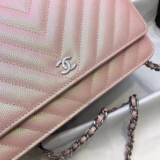 Chanel WOC Original Caviar Leather Flap cross-body bag V33814 pink silver chain